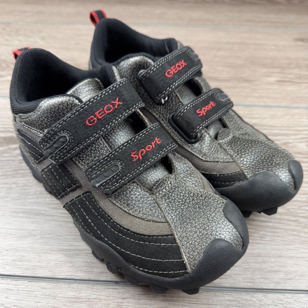 Geox Kids Sport Sneakers Hook Loop Straps Metallic Grey Black Red Size 3